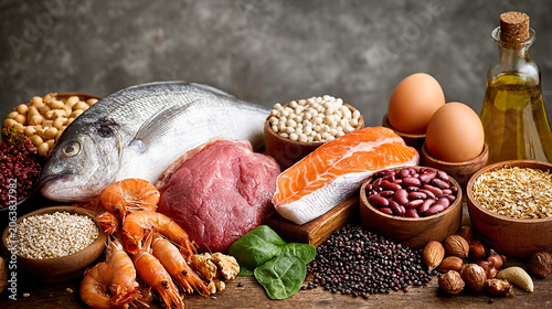 High Protein Foods Including Fish Meat Eggs Legumes and Whole Grains