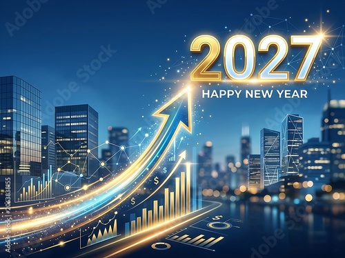 Financial growth concept for 2027 with rising arrow and bar charts over modern city skyline at night.