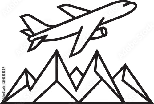 Airplane flying over mountain peaks linear vector icon.