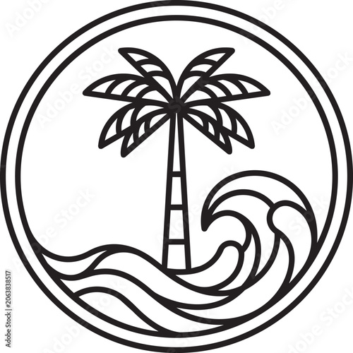 Symmetrical tropical beach line art emblem inside a double circle frame, featuring a centered palm tree and ocean waves. Minimalist outline vector design for summer vacation, surfing brand logos, and 