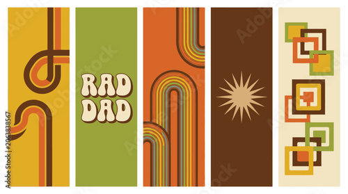 Retro Abstraktes Lesezeichen Vektor Set mit Regenbogen Linien und Geometrischen Formen für Grafikdesign, Schreibwaren & Vintage Dekoration (EPS)