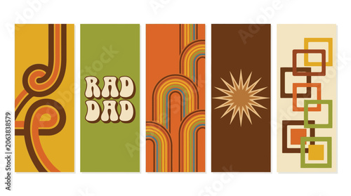 Retro 70er Jahre Grafik Banner Set mit Regenbogen und geometrischen Formen Vektor für Vintage Poster, Social Media & Webdesign (EPS)