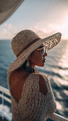 Woman wearing a straw hat by the seaside
