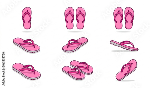 Tableau sur toile Beach Flip Flop Slipper Icon Set Pink Summer Footwear Vector Illustration Isolat