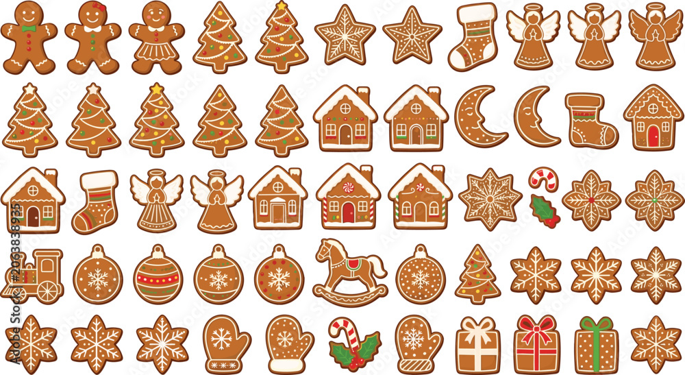 Obraz premium Decorative Christmas Gingerbread Cookies Vector Element Set with Traditional Holiday Shapes for Winter Festive Greeting Cards, Scrapbooking, and Pattern Designs
