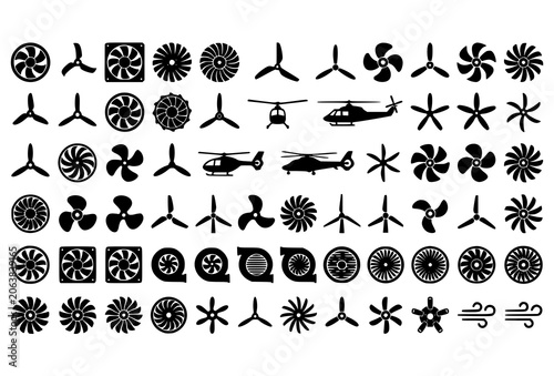 Bild auf Leinwand Black Flat Fan Propeller Turbine Helicopter Rotor and Wind Blade Silhouette Mega