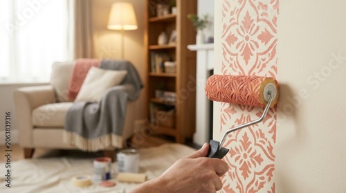 DIY Home Improvement: Decorative paint project inside cozy residential environment
