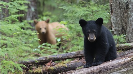 Two bear cubs one black and one cinnamon colored explore a lush green forest representing wildlife and nature conservation