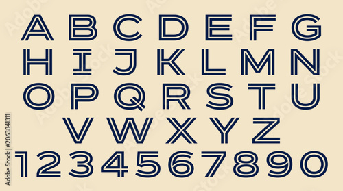 Full uppercase English alphabet and numeric digits 0-9 in a modern double-line font against a cream background, illustrating graphic design elements and educational content