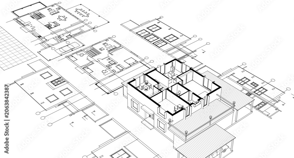 Fototapeta premium residential house architectural sketch 3d illustration