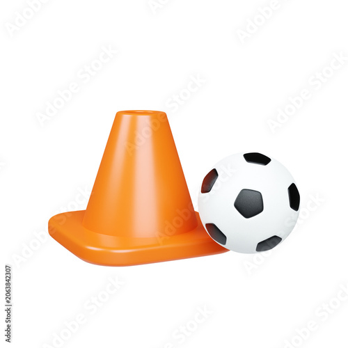 3D illustration of soccer ball and orange training cone on blue background