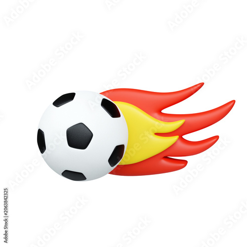 3D illustration of flaming soccer ball flying fast on blue background