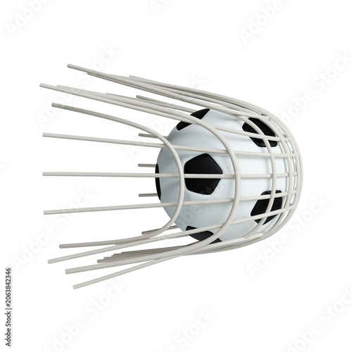3D illustration of soccer ball hitting the net on blue background