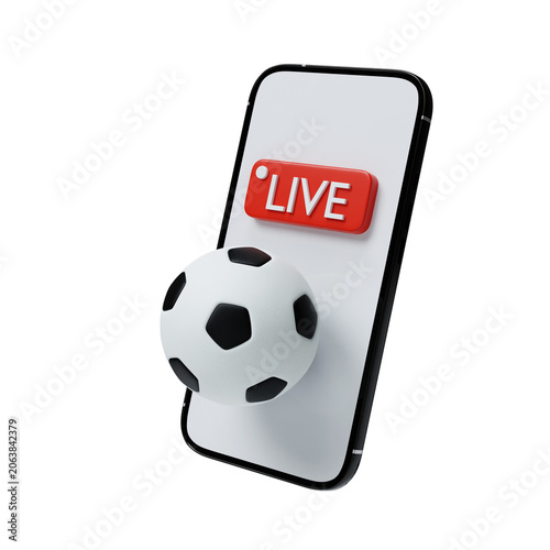 3D render smartphone with soccer ball and live button for sports streaming