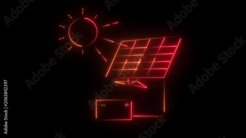 Solar energy panel neon icon with sun animation. black background.