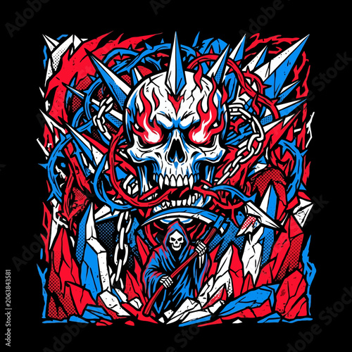 Aggressive Metal Skull Illustration with Grim Reaper and Spikes in Red and Blue.