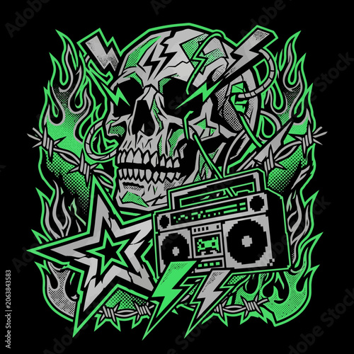 Edgy Skull Illustration with Boombox and Green Lightning Bolts in Punk Rock Style.
