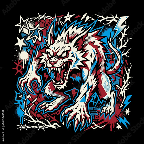 Aggressive Werewolf Monster Illustration with Graffiti Street Art Style and Sharp Claws.