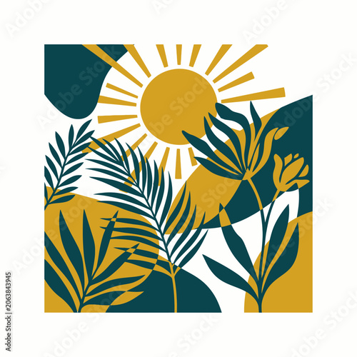 Abstract tropical sun and botanical leaves illustration