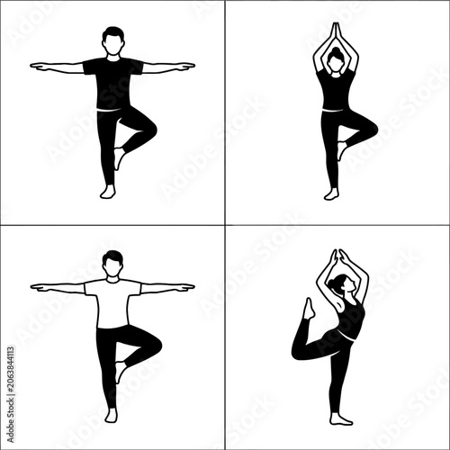 Diverse individuals demonstrating various balancing poses for fitness
