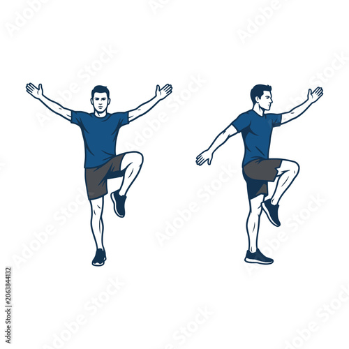 A man performs a balance exercise with arms outstretched
