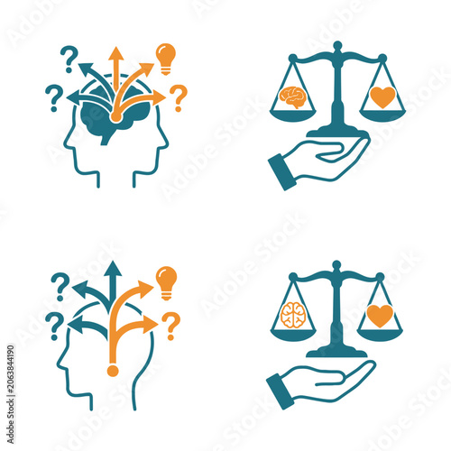 Conceptual icons illustrating decision-making, ideas and emotional balance