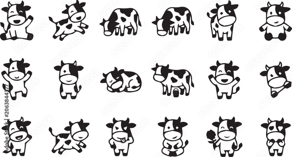 Obraz premium Cute Cartoon Cow Character Set for Kids Illustration Design
