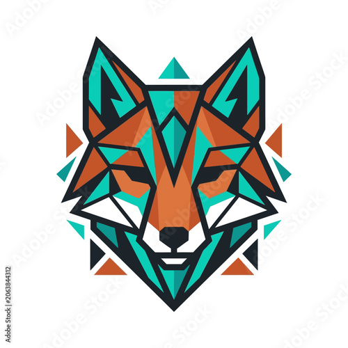 A vibrant geometric fox head illustration on a white background