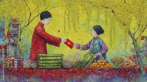 Vibrant lunar new year celebration with traditional red envelopes and festive decorations