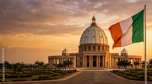 Neoclassical Basilica of Our Lady of Peace architecture at sunset with Ivory Coast national flag