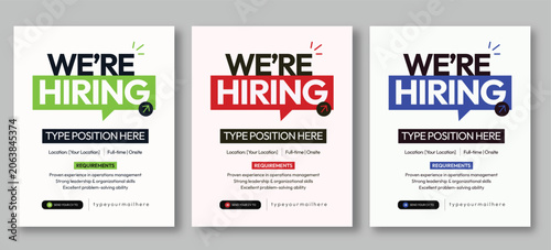 We Are Hiring recruitment flyer poster template, job vacancy announcement corporate employment social media banner creative advertisement vector set