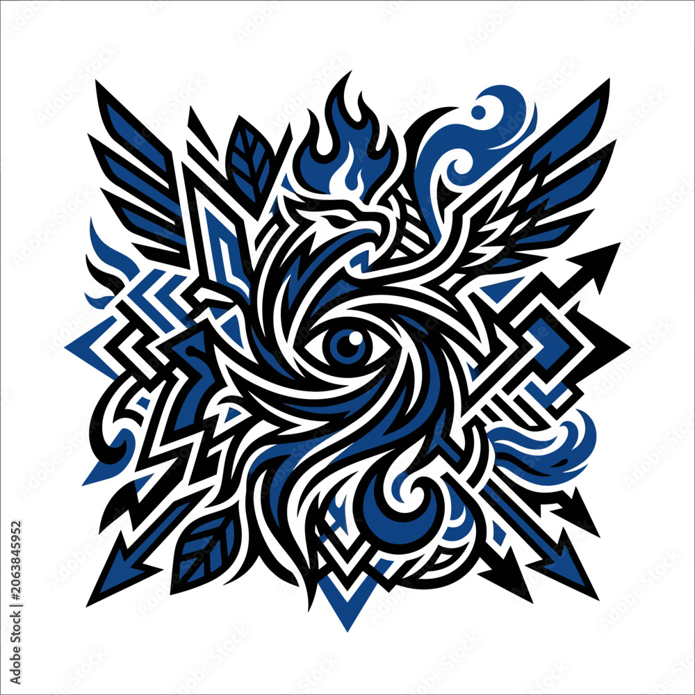 Obraz premium Intricate blue and black tribal design with an eye and eagle