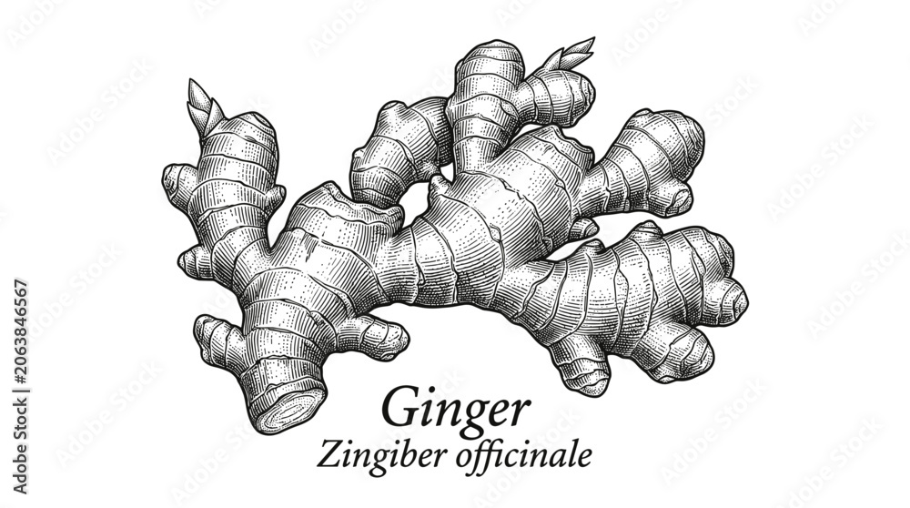 Fototapeta premium Vintage engraved botanical illustration of ginger root (Zingiber officinale). Detailed black and white sketch for tea, spice packaging and label design