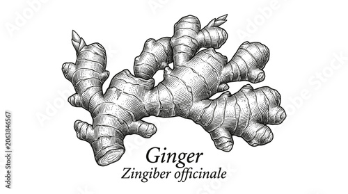 Vintage engraved botanical illustration of ginger root (Zingiber officinale). Detailed black and white sketch for tea, spice packaging and label design