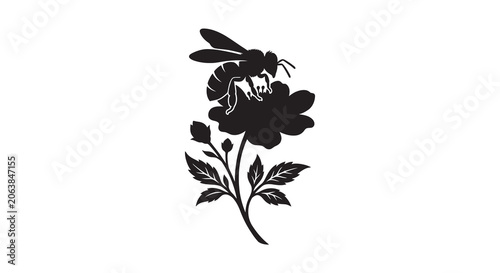 Bee On Flower Silhouette Black And White Graphic
