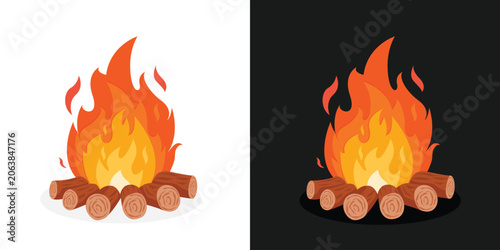 Campfire with Burning Logs in Flat Style for Outdoor Camping. Burning Campfire with Wooden Logs Vector Illustration isolated on black and white Background
