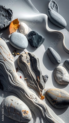 Smooth rocks on sandy beach shore.