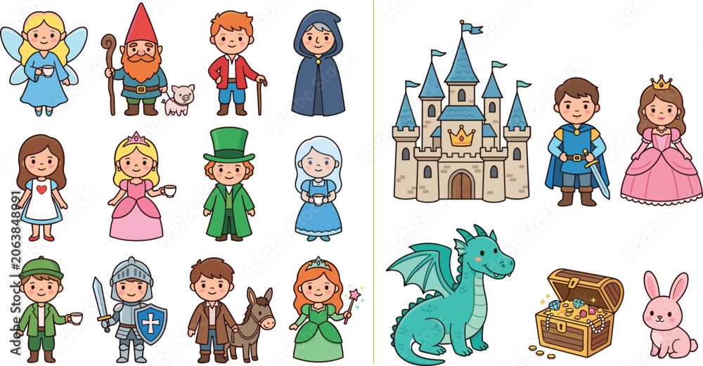 Fototapeta premium Fairy tale cartoon character vector set with cute princess prince castle dragon knight wizard and fantasy creatures