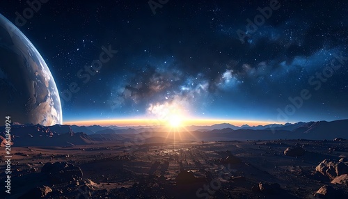 Sunrise on a distant planet landscape.