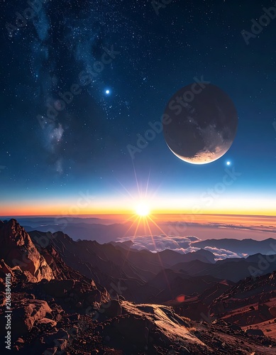 Sunset on a distant planet landscape.