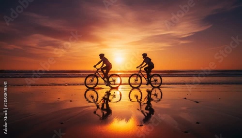 Two cyclists riding along sandy beach at sunset with ocean waves and dramatic golden sky reflections