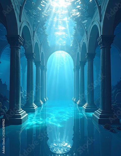 Underwater ancient temple ruins flooded.
