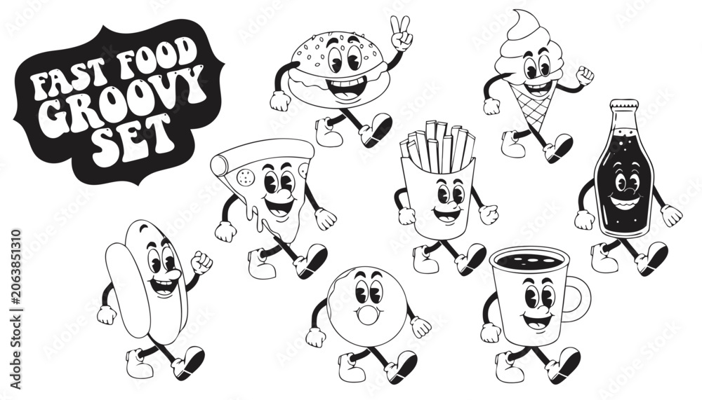 Fototapeta premium Very beautiful black-and-white engraved vector illustration featuring a FAST FOOD GROOVY CARTOON CHARACTER SET with smiling burger, pizza, hot dog, ice cream, french fries, coffee cup, donut, and soda