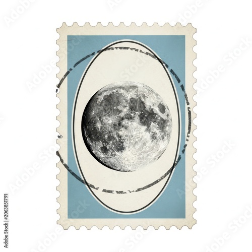 Full moon inside an oval frame on a vintage postage stamp design isolated on white background