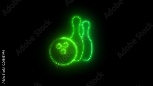 Glowing neon Bowling pin and ball icon isolated Juggling clubs, circus skittles Sport equipment.