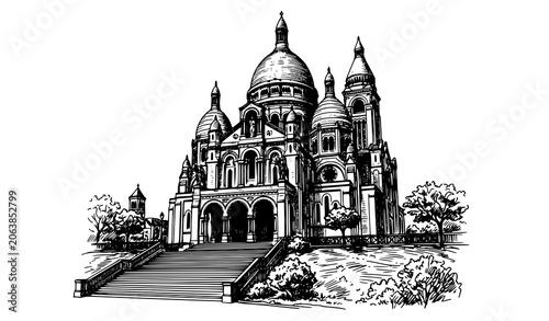 Canvas Print Sacré-Cœur Basilica Paris Hand Drawn Freehand Sketch Vector Illustration in Blac