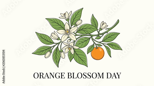 Orange Blossom Day Botanical Illustration with Fruit and Leaves