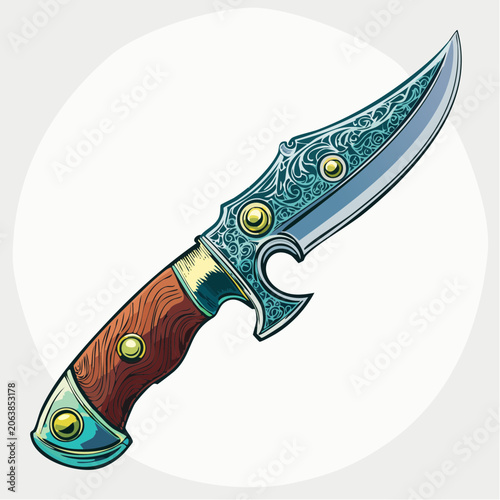 Ornate Dagger with Wooden Handle and Decorative Blade