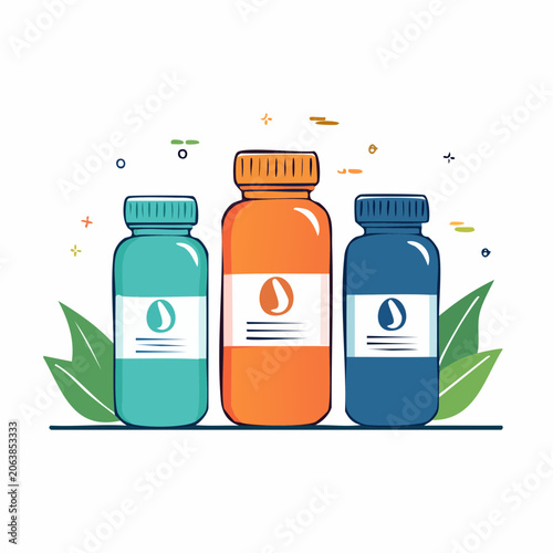 Three Colorful Medicine Bottles with Labels