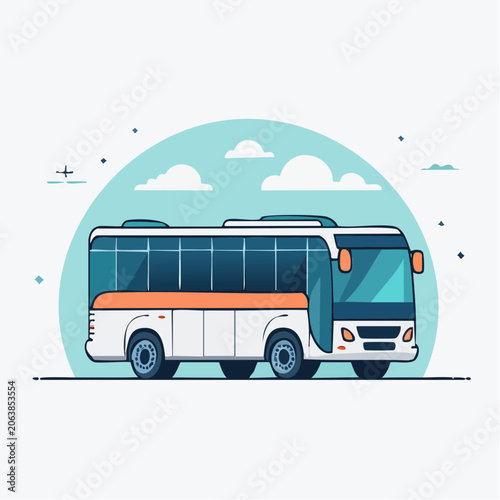 Cartoon illustration of a white tour bus with orange accents